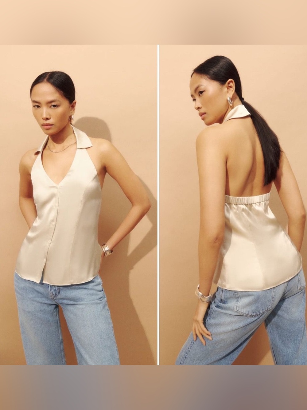 Reformation Erin Silk Top in Almond